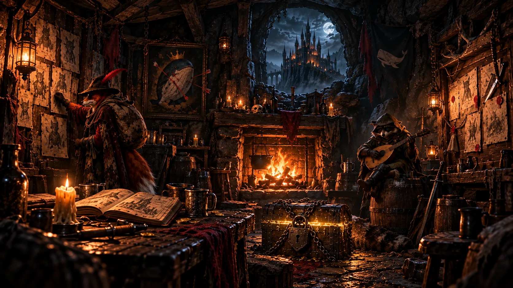 The outlaws' hideout carved into the rock at night: the fox pins WANTED posters to the wall, an old book lies open on the table, a window looks out on the Sheriff's gothic castle, a chained chest glows by the fire, a hooded raccoon plays the lute and a bounty board hangs on the right.