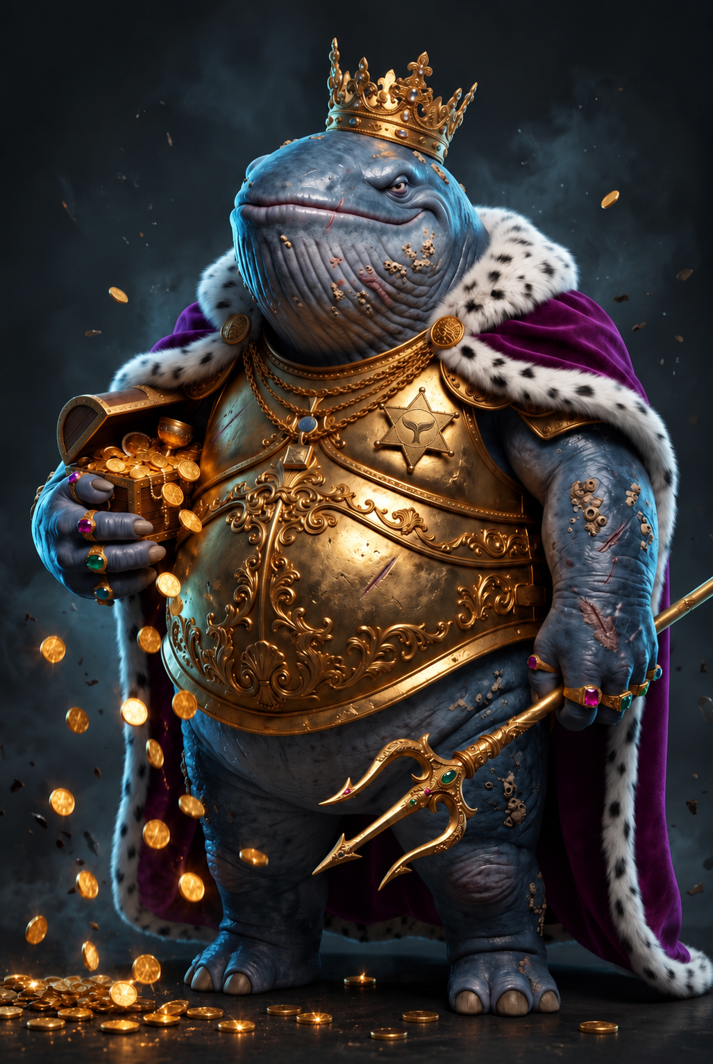 The Sheriff of Whaleingham, a giant crowned whale in golden armor and an ermine cape, hugging a chest of gold coins